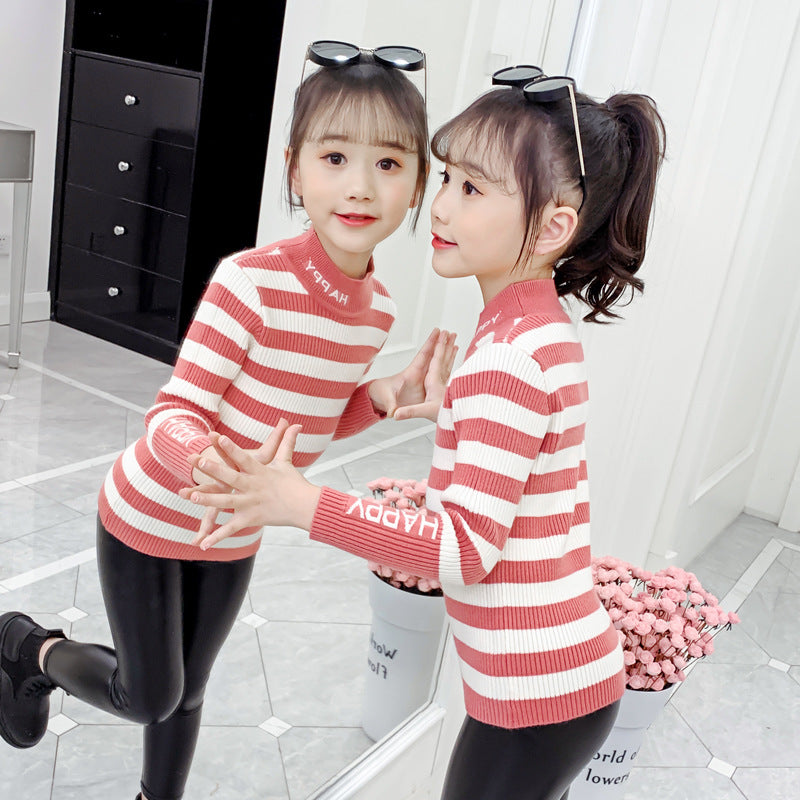 Girls sweater 2024 new style for middle and large children half turtleneck elastic close-fitting bottoming shirt versatile girls striped sweater