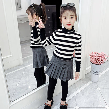 Girls sweater 2024 new style for middle and large children half turtleneck elastic close-fitting bottoming shirt versatile girls striped sweater