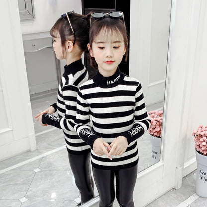 Girls sweater 2024 new style for middle and large children half turtleneck elastic close-fitting bottoming shirt versatile girls striped sweater