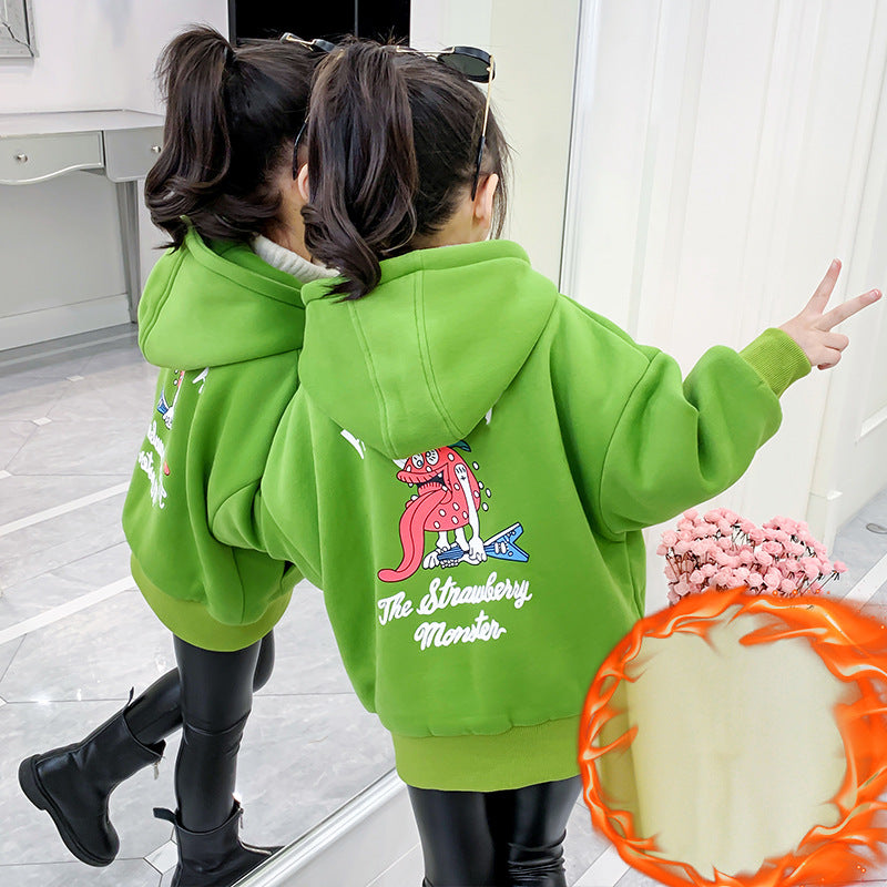 Girls Plush Sweater 2024 New Winter Clothes Stylish Children's Thickened Hooded Pullover Jacket Tops