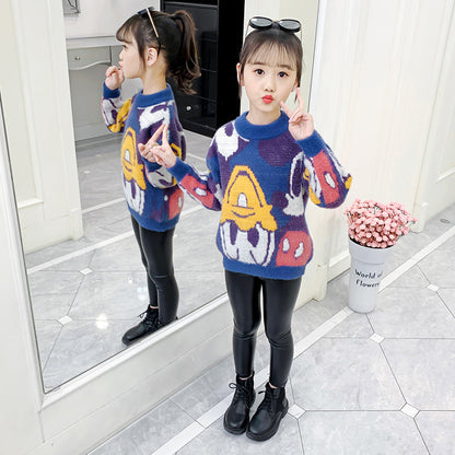 Girls sweater 2024 new winter clothes for middle and large children cartoon suit head bottom fashionable mink velvet thickened knitted sweater