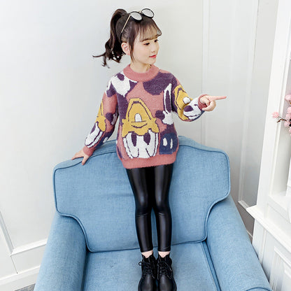 Girls sweater 2024 new winter clothes for middle and large children cartoon suit head bottom fashionable mink velvet thickened knitted sweater