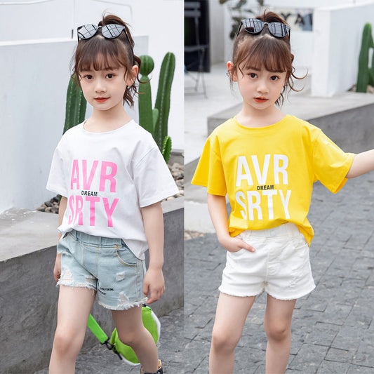 Girls short-sleeved T-shirt 2024 new summer clothes for children, middle and large children, fashionable T-shirt pullover knitted cotton sweater tops