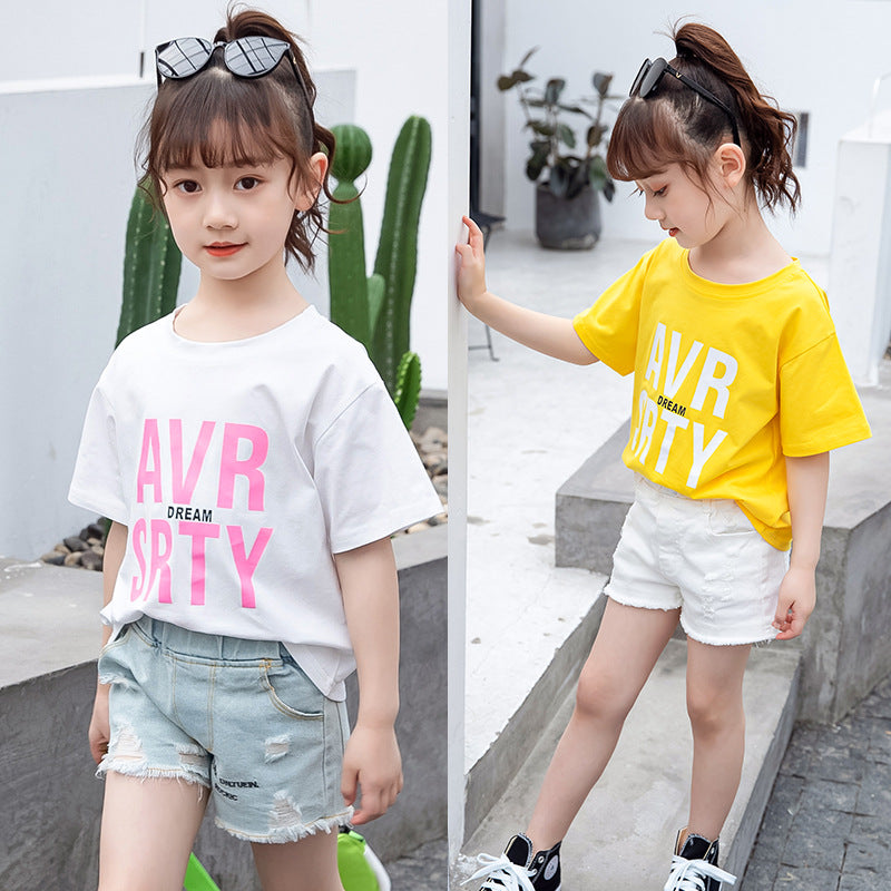 Girls short-sleeved T-shirt 2024 new summer clothes for children, middle and large children, fashionable T-shirt pullover knitted cotton sweater tops