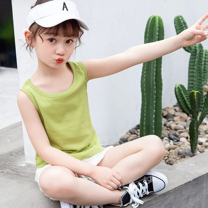 Girls vest 2024 new summer style sleeveless T-shirt for little girls, small children, medium and large children, outer wear suspender shirt trendy