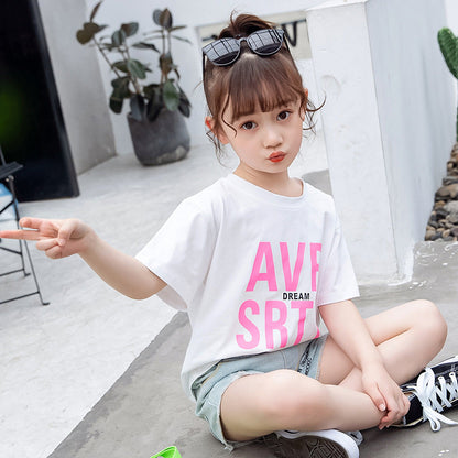 Girls short-sleeved T-shirt 2024 new summer clothes for children, middle and large children, fashionable T-shirt pullover knitted cotton sweater tops