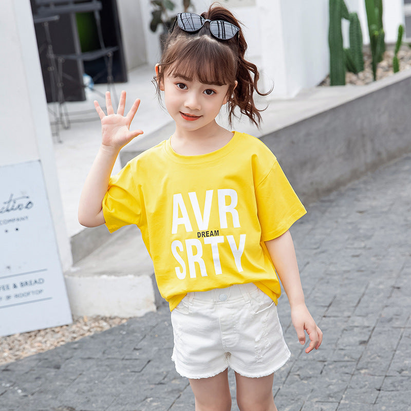 Girls short-sleeved T-shirt 2024 new summer clothes for children, middle and large children, fashionable T-shirt pullover knitted cotton sweater tops