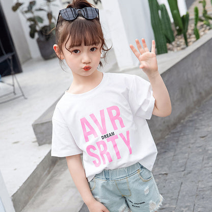 Girls short-sleeved T-shirt 2024 new summer clothes for children, middle and large children, fashionable T-shirt pullover knitted cotton sweater tops