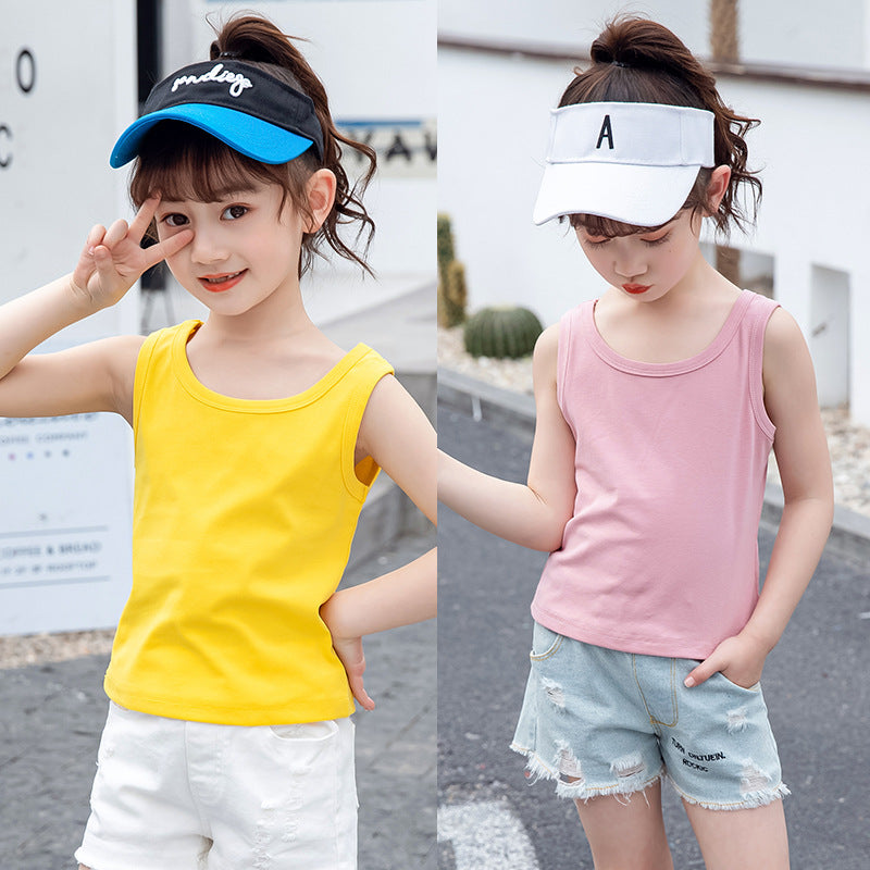 Girls vest 2024 new summer style sleeveless T-shirt for little girls, small children, medium and large children, outer wear suspender shirt trendy