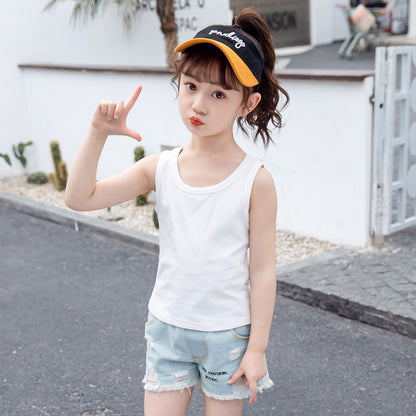 Girls vest 2024 new summer style sleeveless T-shirt for little girls, small children, medium and large children, outer wear suspender shirt trendy