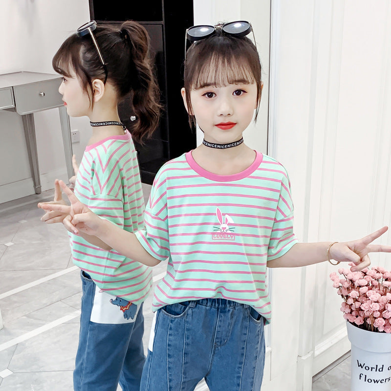 Girls short-sleeved T-shirt 2024 new summer clothes for children, middle and large children, fashionable T-shirt pullover knitted cotton sweater tops