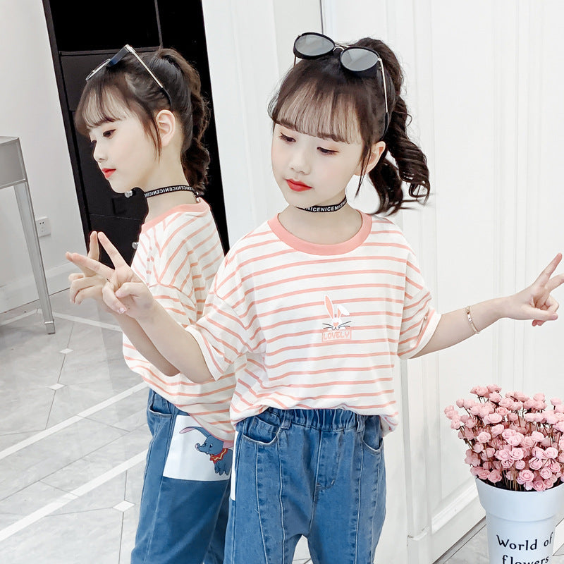 Girls short-sleeved T-shirt 2024 new summer clothes for children, middle and large children, fashionable T-shirt pullover knitted cotton sweater tops