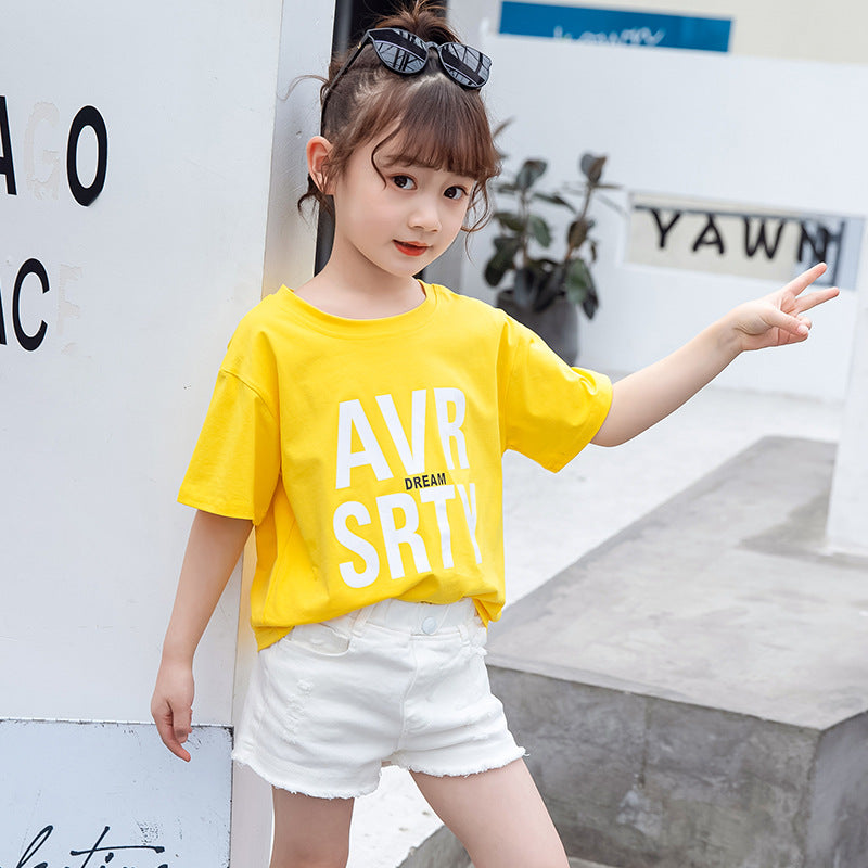 Girls short-sleeved T-shirt 2024 new summer clothes for children, middle and large children, fashionable T-shirt pullover knitted cotton sweater tops