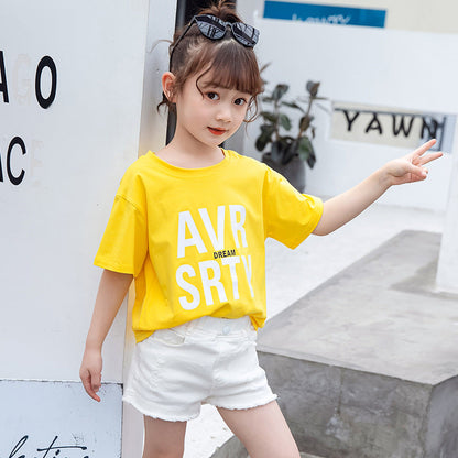 Girls short-sleeved T-shirt 2024 new summer clothes for children, middle and large children, fashionable T-shirt pullover knitted cotton sweater tops