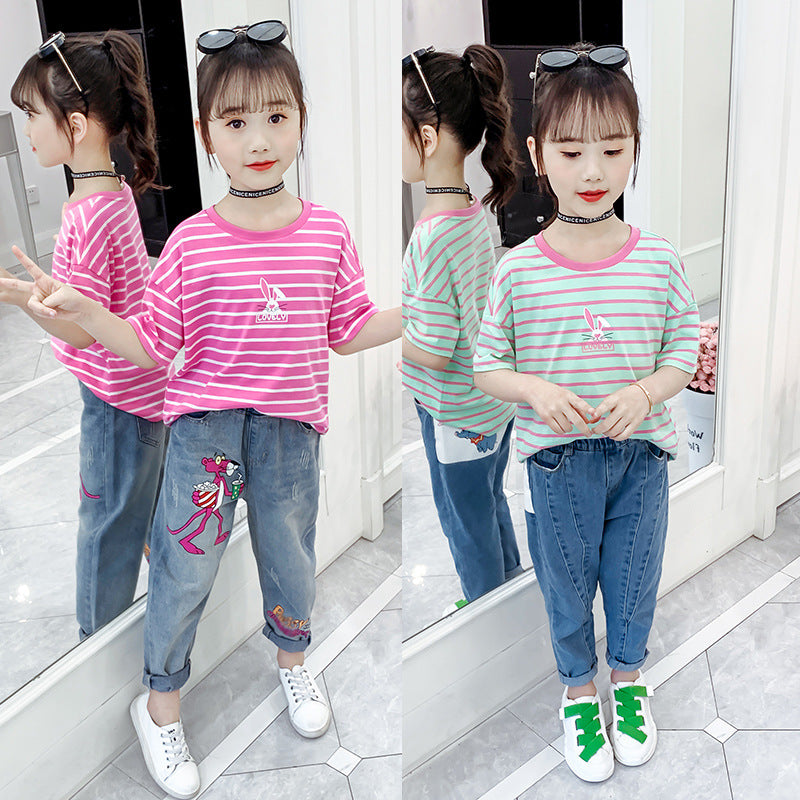 Girls short-sleeved T-shirt 2024 new summer clothes for children, middle and large children, fashionable T-shirt pullover knitted cotton sweater tops