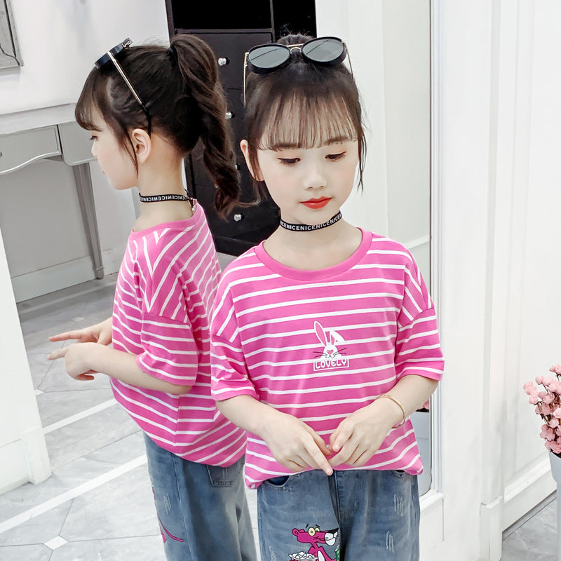 Girls short-sleeved T-shirt 2024 new summer clothes for children, middle and large children, fashionable T-shirt pullover knitted cotton sweater tops