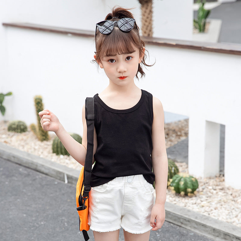 Girls vest 2024 new summer style sleeveless T-shirt for little girls, small children, medium and large children, outer wear suspender shirt trendy