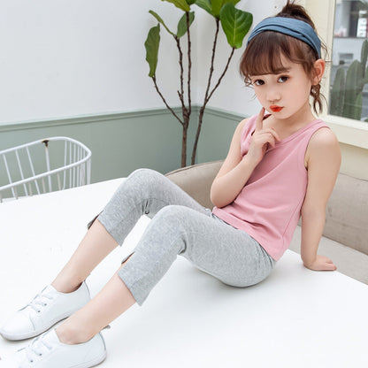 Girls' cropped pants 2024 new summer leggings cotton mid-length pants stylish children's middle and large children's girls' stretch pants