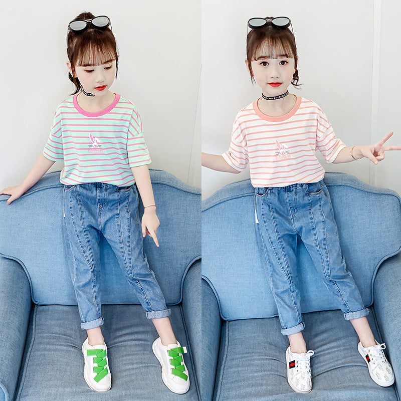 Girls short-sleeved T-shirt 2024 new summer clothes for children, middle and large children, fashionable T-shirt pullover knitted cotton sweater tops