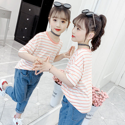 Girls short-sleeved T-shirt 2024 new summer clothes for children, middle and large children, fashionable T-shirt pullover knitted cotton sweater tops