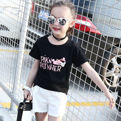 Girls short-sleeved T-shirt 2024 new summer clothes for children, middle and large children, fashionable T-shirt pullover knitted cotton sweater tops