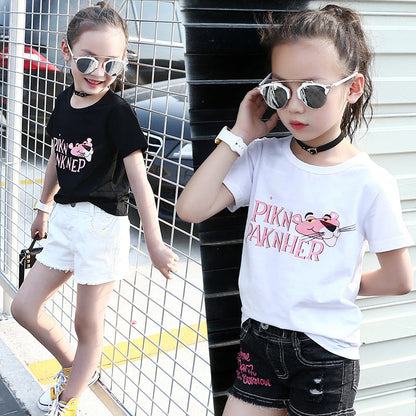 Girls short-sleeved T-shirt 2024 new summer clothes for children, middle and large children, fashionable T-shirt pullover knitted cotton sweater tops