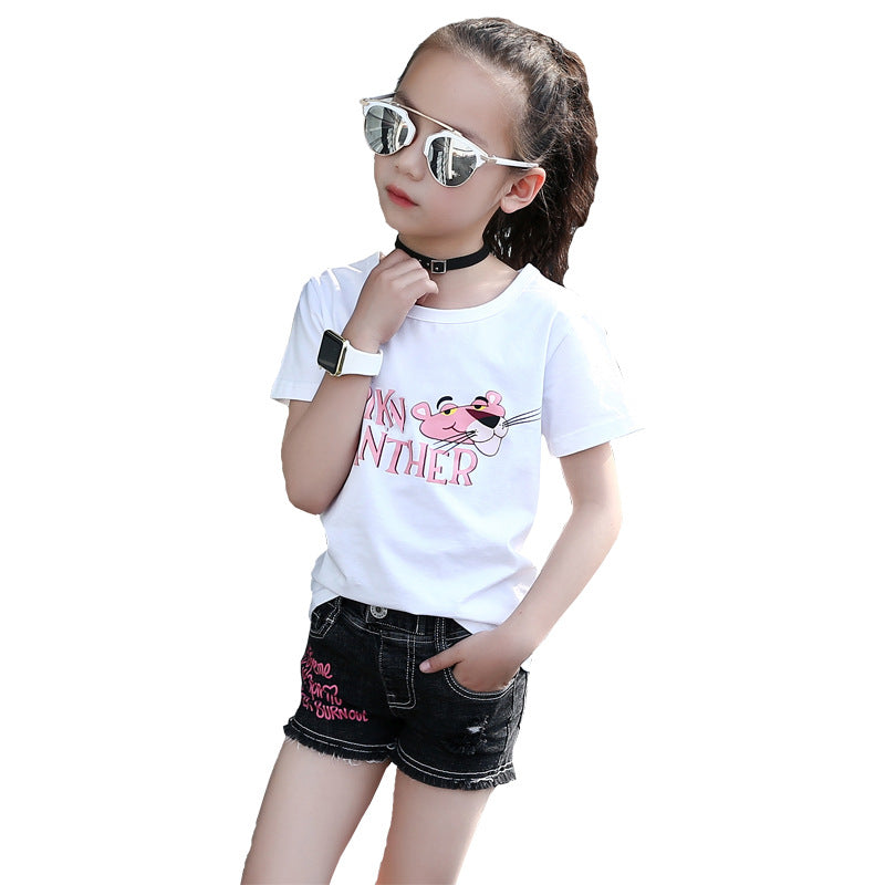 Girls short-sleeved T-shirt 2024 new summer clothes for children, middle and large children, fashionable T-shirt pullover knitted cotton sweater tops