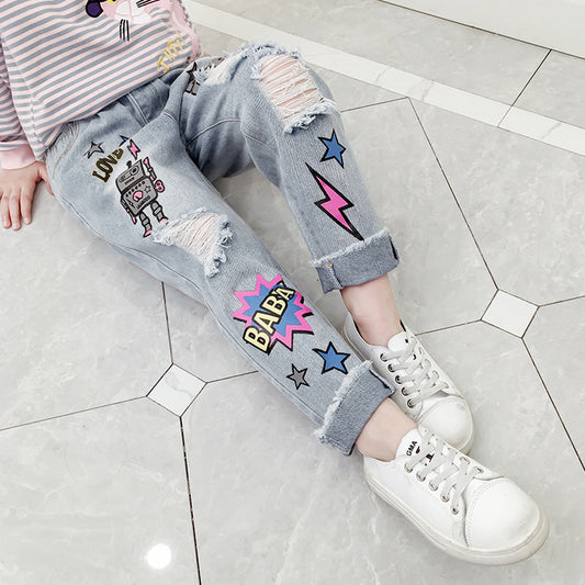 Girls jeans 2024 new spring and autumn middle and large children's ripped edge trousers cartoon print casual trousers spring