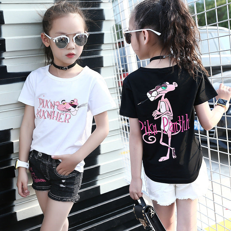 Girls short-sleeved T-shirt 2024 new summer clothes for children, middle and large children, fashionable T-shirt pullover knitted cotton sweater tops