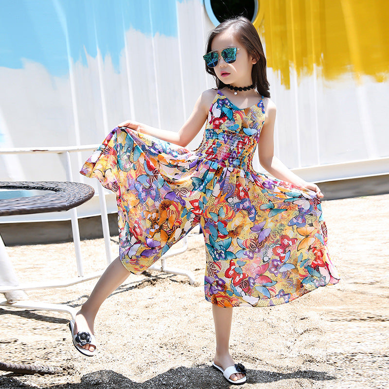 Girls suspender skirt 2024 new summer chiffon stylish children's large and small children's floral wide-leg jumpsuit dress