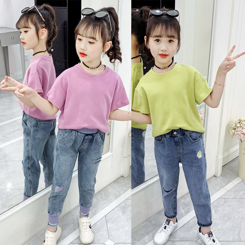 Girls short-sleeved T-shirt 2024 new summer clothes for children, middle and large children, fashionable T-shirt pullover knitted cotton sweater tops