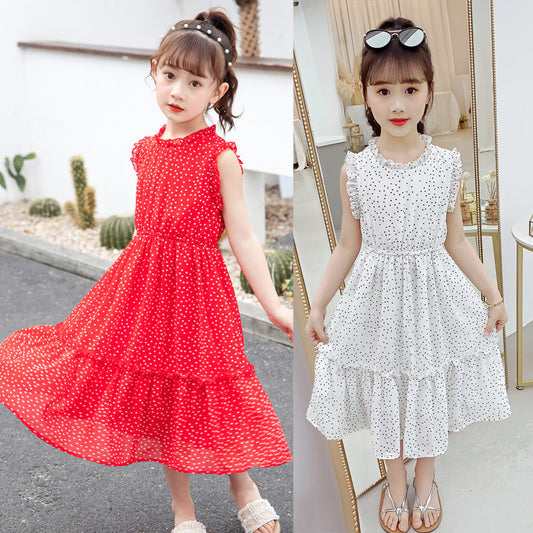 Girls chiffon dress 2024 new summer dress stylish medium-long beach children's medium and large children's off-shoulder floral dress