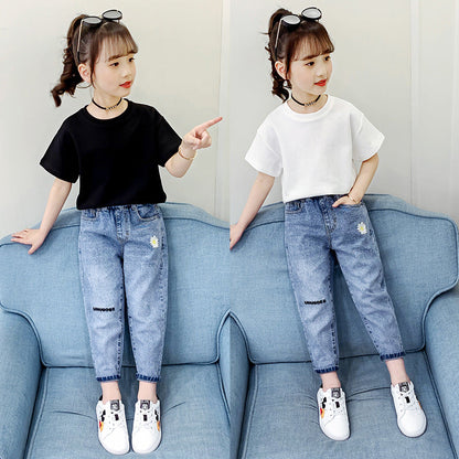 Girls short-sleeved T-shirt 2024 new summer clothes for children, middle and large children, fashionable T-shirt pullover knitted cotton sweater tops