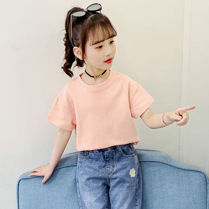 Girls short-sleeved T-shirt 2024 new summer clothes for children, middle and large children, fashionable T-shirt pullover knitted cotton sweater tops