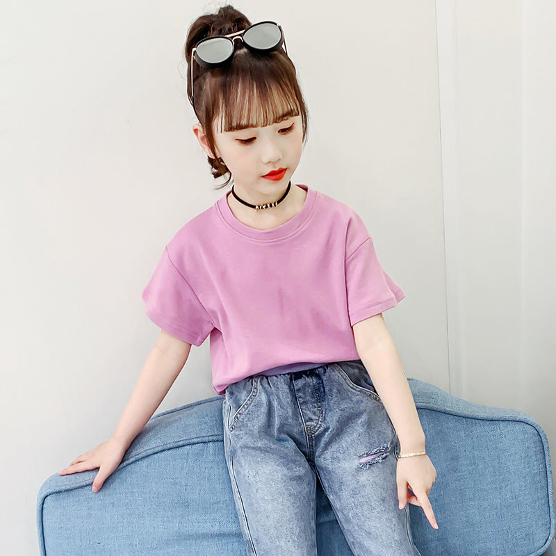 Girls short-sleeved T-shirt 2024 new summer clothes for children, middle and large children, fashionable T-shirt pullover knitted cotton sweater tops