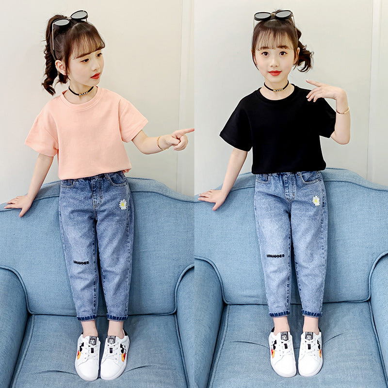 Girls short-sleeved T-shirt 2024 new summer clothes for children, middle and large children, fashionable T-shirt pullover knitted cotton sweater tops