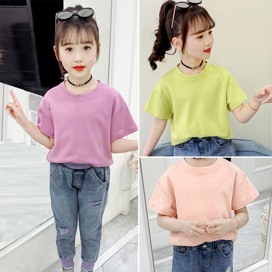 Girls short-sleeved T-shirt 2024 new summer clothes for children, middle and large children, fashionable T-shirt pullover knitted cotton sweater tops