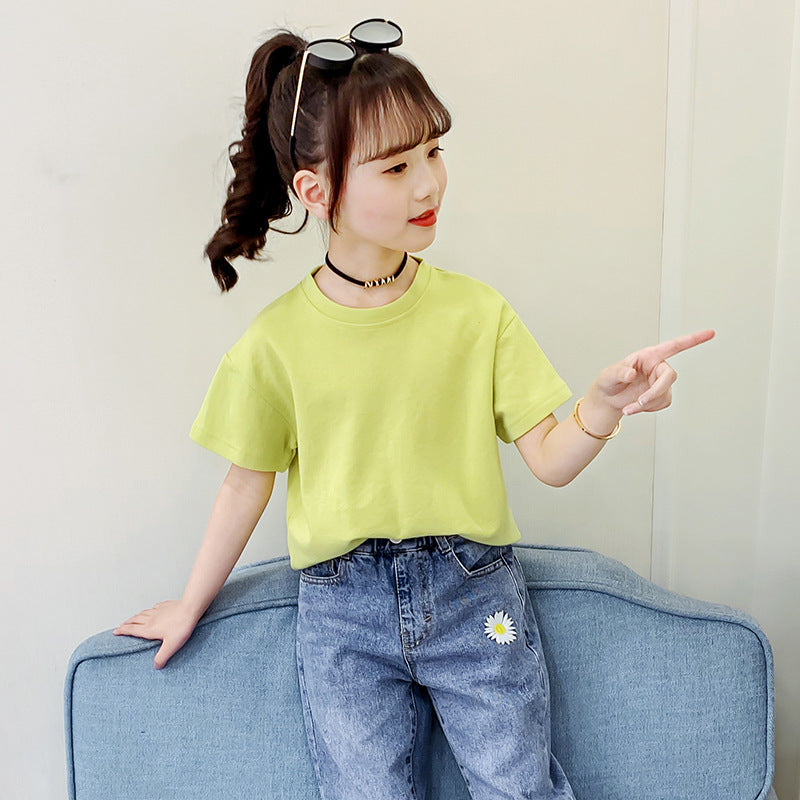 Girls short-sleeved T-shirt 2024 new summer clothes for children, middle and large children, fashionable T-shirt pullover knitted cotton sweater tops