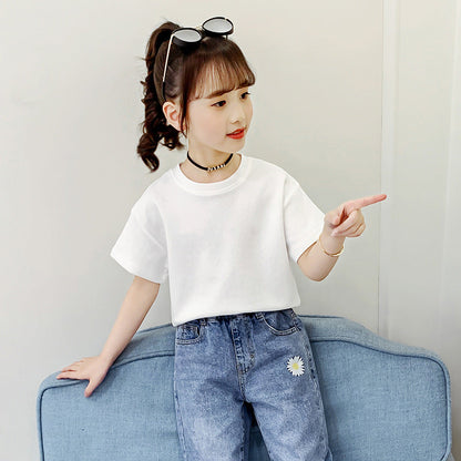 Girls short-sleeved T-shirt 2024 new summer clothes for children, middle and large children, fashionable T-shirt pullover knitted cotton sweater tops