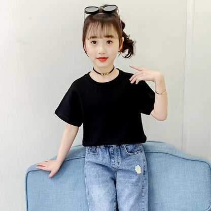 Girls short-sleeved T-shirt 2024 new summer clothes for children, middle and large children, fashionable T-shirt pullover knitted cotton sweater tops