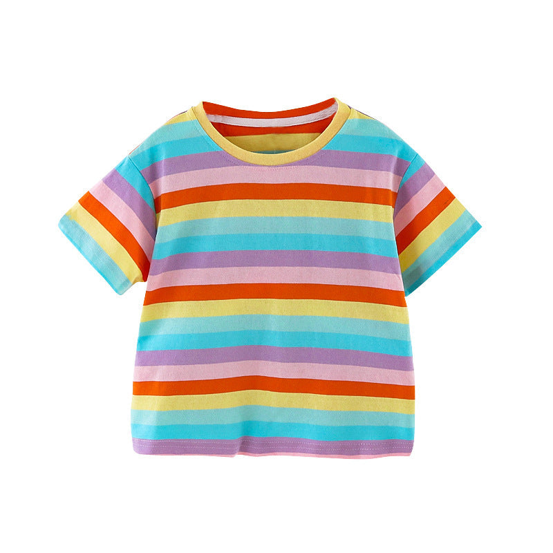 Girls short-sleeved T-shirt 2024 new summer clothes for children, middle and large children, fashionable T-shirt pullover knitted cotton sweater tops