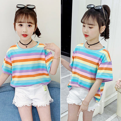 Girls short-sleeved T-shirt 2024 new summer clothes for children, middle and large children, fashionable T-shirt pullover knitted cotton sweater tops