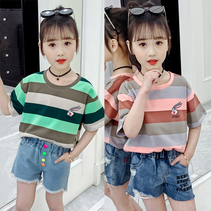 Girls short-sleeved T-shirt 2024 new summer clothes for children, middle and large children, fashionable T-shirt pullover, knitted cotton shirt tops, trendy