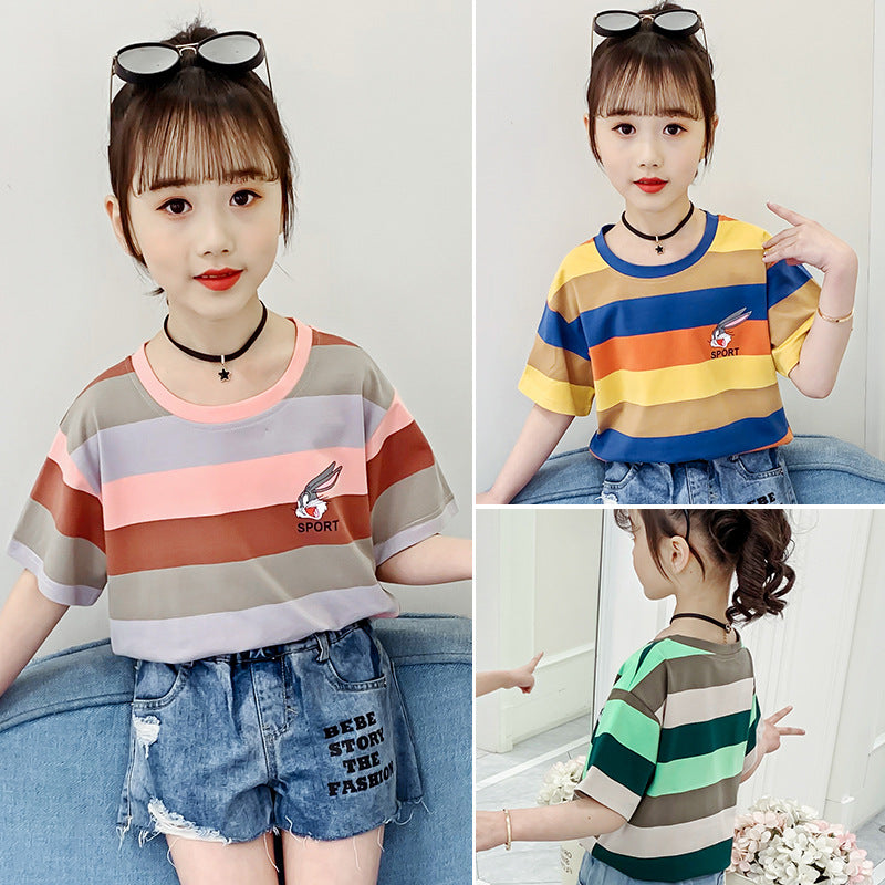 Girls short-sleeved T-shirt 2024 new summer clothes for children, middle and large children, fashionable T-shirt pullover, knitted cotton shirt tops, trendy