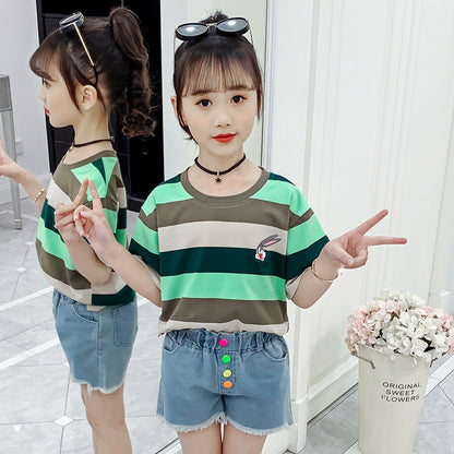 Girls short-sleeved T-shirt 2024 new summer clothes for children, middle and large children, fashionable T-shirt pullover, knitted cotton shirt tops, trendy