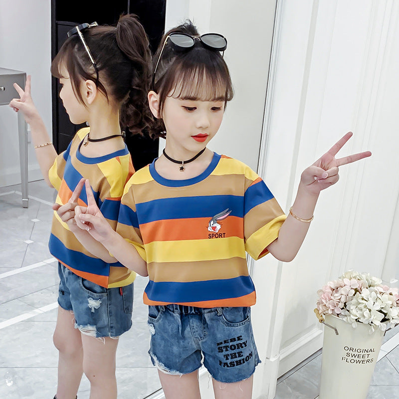 Girls short-sleeved T-shirt 2024 new summer clothes for children, middle and large children, fashionable T-shirt pullover, knitted cotton shirt tops, trendy