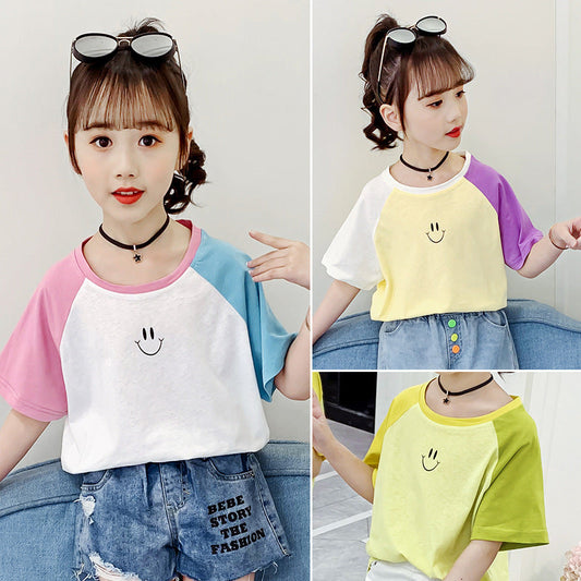 Girls short-sleeved T-shirt 2024 new summer clothes for children, middle and large children, fashionable T-shirt pullover knitted cotton sweater tops