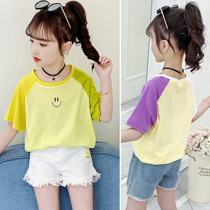 Girls short-sleeved T-shirt 2024 new summer clothes for children, middle and large children, fashionable T-shirt pullover knitted cotton sweater tops