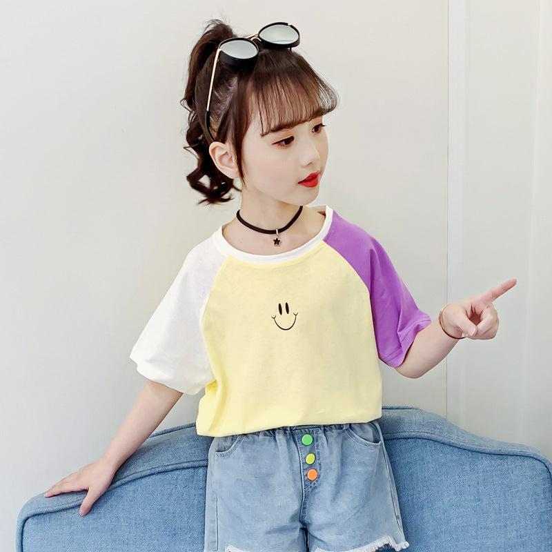 Girls short-sleeved T-shirt 2024 new summer clothes for children, middle and large children, fashionable T-shirt pullover knitted cotton sweater tops