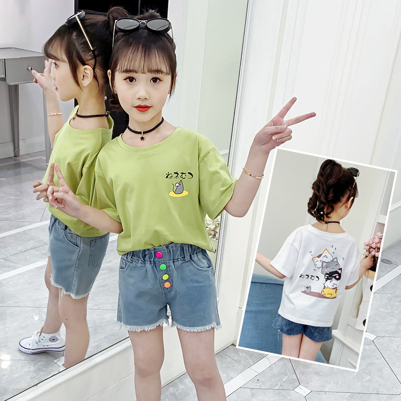 Girls short-sleeved T-shirt 2024 new summer clothes for children, middle and large children, fashionable T-shirt pullover knitted cotton sweater tops